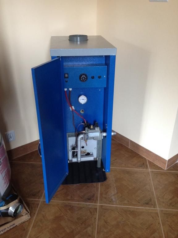 A gas-fired hot water boiler with its front panel open showing the burner and controls